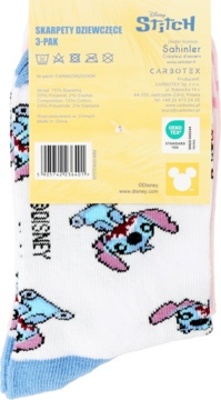 Tył opakowania 3-paku dziewczęcych skarpetek Disney Stitch. Widoczne białe skarpetki z niebieskim Stichem, skład materiału.