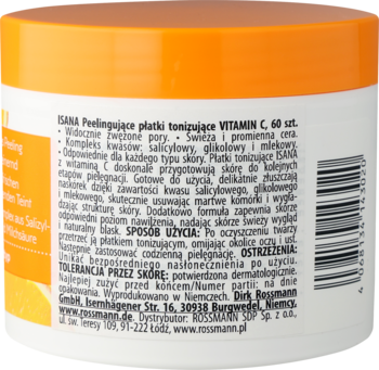 Tył białej tuby ISANA Vitamin C z pomarańczową pokrywką, z widocznym polskim tekstem opisującym płatki tonizujące.