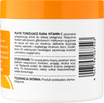 Tył pomarańczowo-białego opakowania płatków tonizujących Isana Vitamin C, widoczne instrukcje i kod kreskowy.