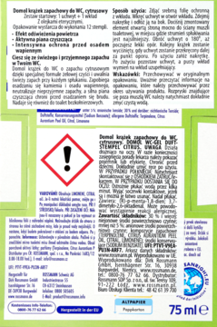 Tył opakowania Domol cytrusowego środka zapachowego do WC 75 ml, widoczna czerwona etykieta ostrzegawcza.