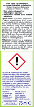 Etykieta Domol krążka WC, 75 ml, cytrusowy, zielono-biała, z symbolem ostrzegawczym.