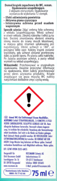 Etykieta Domol krążek zapachowy Ocean 75ml do WC, z ostrzegawczym symbolem i polskim opisem.