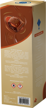 Bok beżowego opakowania dyfuzora E. Wedel Nadziana z karmelem. Grafika czekolady, piktogramy ostrzegawcze.