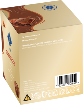 Świeca zapachowa E. Wedel Nadziana z Karmelem. Ukośny widok boku beżowego pudełka z grafiką i tekstem.