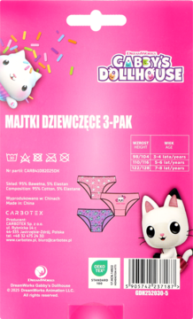 Tył różowego opakowania majtek dziecięcych Gabby's Dollhouse 3-pak, bawełna, z postaciami kotków.