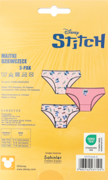 Tył opakowania Disney Stitch bawełnianych majtek dziewczęcych 3-pak. Różowe majtki, widoczna metka OEKO-TEX.