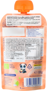 Tył pomarańczowego musu owocowego z wanilią dla niemowląt od 6 miesiąca, z etykietą, wartościami odżywczymi i pandą.