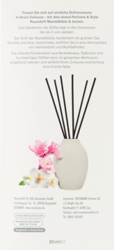 Biały ceramiczny dyfuzor domol perfum & Style z czarnymi patyczkami, kwiatami jaśminu i migdałowca, 90ml.