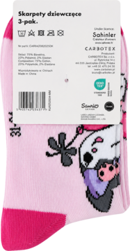 Tył różowych dziewczęcych skarpetek 3-pak Sanrio, z metką produktu i nadrukiem postaci.