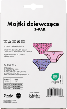 Tył opakowania majtek dziewczęcych 3-PAK. Wzory: różowe serca, fioletowe i gładkie różowe z motylem. Tabela rozmiarów.