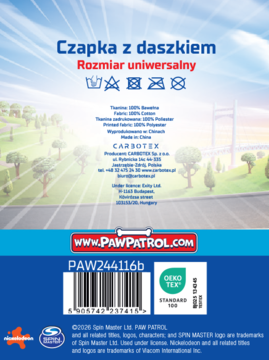 Tył etykiety czapki z daszkiem Paw Patrol. Widoczne instrukcje prania, materiał, rozmiar uniwersalny, logo OEKO-TEX.