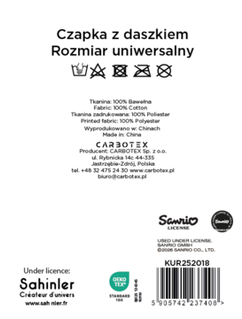 Biała etykieta czapki Carbotex z daszkiem. Szczegóły: 100% bawełna, rozmiar uniwersalny, logo Sanrio, instrukcje prania.