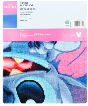 Poncho Disney Stitch 55x110 cm złożone, z dużą podobizną Stitcha na błękitno-różowym tle.