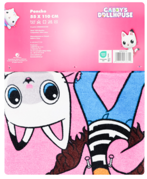 Różowe poncho dziecięce Gabby's Dollhouse z postacią Pandy Paws, widok na złożony ręcznik i opakowanie.