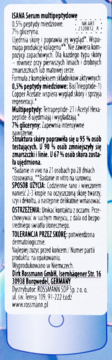Tył etykiety serum Isana Multi-peptydowe, z opisem składników (peptydy, gliceryna), użycia i producenta.