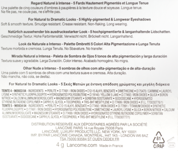 Biały tył opakowania paletki cieni Lancôme z multijęzycznym opisem produktu, składem i danymi producenta.