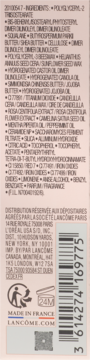 Tył opakowania pomadki Lancôme Idôle Squalane-12 Butterglow z listą składników, kodem kreskowym i napisem 'Made in France'.