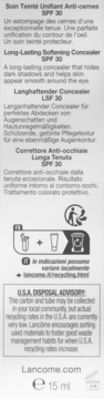 Etykieta korektora Lancôme Effacernes Longue Tenue SPF 30, tekst w 4 językach, recykling, pojemność 15 ml.