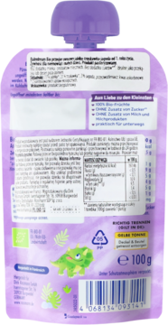 Tył fioletowej saszetki przecieru dla dzieci Freche Freunde 100g z listą składników, dinozaurem i logo bio.