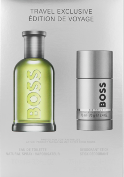 Zestaw BOSS Travel Exclusive: zielony flakon wody toaletowej i srebrny dezodorant w sztyfcie, widok z przodu.