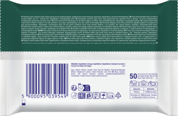 Tył białego opakowania Cleanic Hemp nawilżanego papieru toaletowego, z zielonym paskiem u góry, kodem kreskowym i napisami.