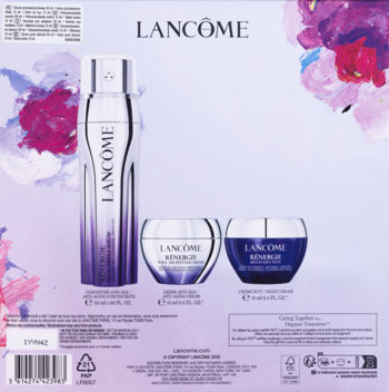 Tył zestawu Lancôme Rénergie H.C.F. Triple Serum, trzy fioletowe produkty odmładzające na pastelowym tle z kodem kreskowym.