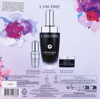 Tył fioletowo-różowego opakowania Lancôme Génifique zestawu, z serum 50ml, kremem pod oczy 5ml i serum Light Pearl 5ml.