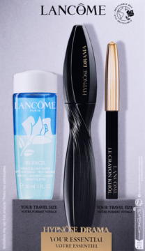 Zestaw Lancôme: czarny tusz Hypnôse Drama, kredka Khôl i płyn Bi-Facil, ułożone pionowo na białym tle.