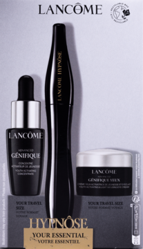 Zestaw Lancôme: tusz Hypnôse, serum Génifique, krem pod oczy. Czarne butelki, podróżny format.