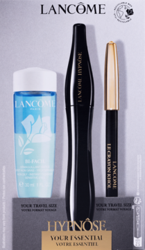 Lancôme Hypnôse zestaw: tusz, płyn Bi-Facil i kredka Le Crayon Khôl. Produkty w podróżnym rozmiarze, pionowo na szarym tle.