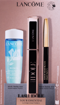 Zestaw Lancôme Lash Idôle Your Essential: tusz rose gold, eyeliner, płyn Bi-Facil 30ml, na białym kartonowym tle. Widok z przodu.