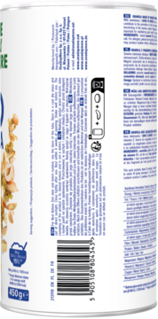 Tył opakowania chrupiącej granoli orzechowej 450g z kodem kreskowym i etykietą z informacjami o produkcie.