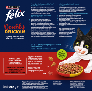 Karma Felix Doubly Delicious wołowina, kurczak, burak, 800g. Niebieskie opakowanie z kotem i miską pełną granulek.