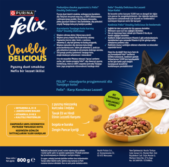 Felix Doubly Delicious karma dla kota 800g, kurczak, indyk i burak, opakowanie z kotem liżącym pyszczek.