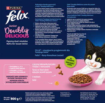Front opakowania karmy Felix Doubly Delicious Junior 800g, dla kociąt, kurczak, indyk, mleko, warzywa.