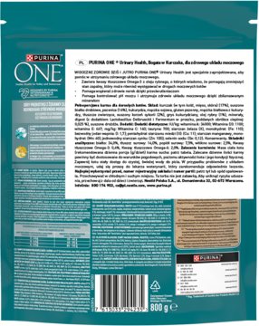 Tył turkusowej karmy Purina ONE dla kotów dorosłych, wspierającej drogi moczowe, z widoczną etykietą składu.