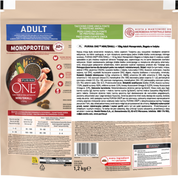 Brązowa torba PURINA ONE Mini/Small Adult Monoprotein indyk 1.2kg, widok z tyłu z pełnym opisem i składem.