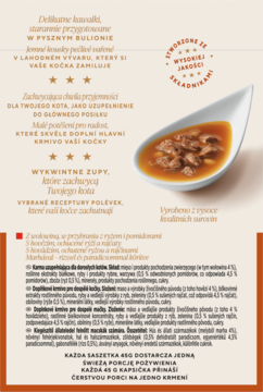 Elegancka biała miseczka GOURMET Soup Royale z wykwintną zupą dla kota: bulion i mięsne kawałki, widok z boku.