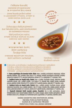 GOURMET SOUP ROYALE: wykwintna zupa dla kota z kawałkami mięsa w aromatycznym bulionie, w białej miseczce.