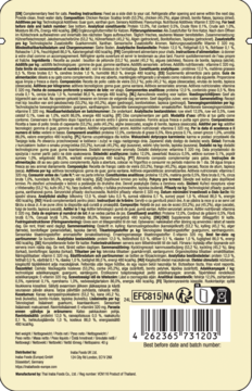 Tył saszetki karmy dla kota Dashi Blends Kurczak. Widoczny kod kreskowy, instrukcje i skład w wielu językach.