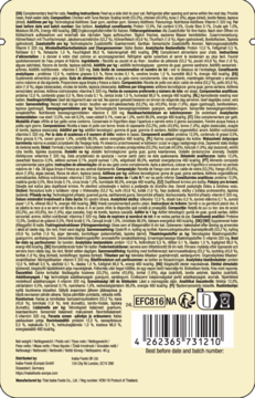 Tył jasnego opakowania karmy Dashi Blends z kurczakiem i tuńczykiem, widoczne informacje o składzie i kod kreskowy.