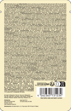 Tył saszetki Dashi Blends kurczak tuńczyk łosoś. Gęste informacje o składzie i wartościach odżywczych, kod kreskowy.