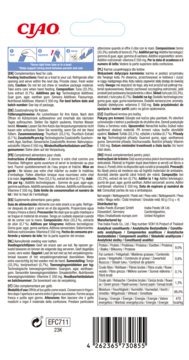 Tył białego opakowania CIAO Churu POPS tuńczyk dla kota, ze składem analitycznym i kodem kreskowym.