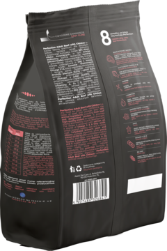 Tył czarnego opakowania pełnoporcjowej karmy dla dorosłych kotów, z czytelnym składem, tabelą i kodem EAN.