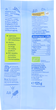 Tył opakowania ciasteczek GENUSS PLUS KIDS BIO 125g, z opisem i wartościami odżywczymi na niebieskim tle.