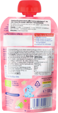 Tył różowego musu owocowego jabłko, truskawka, banan dla dzieci 100g. Widoczne składniki i niebieski słoń.