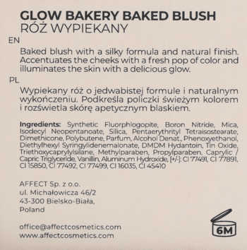 Tył opakowania różu wypiekanego Affect Glow Bakery z opisami, listą składników i danymi producenta.