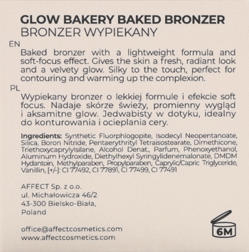 Tył opakowania Affect Glow Bakery Baked Bronzer z opisem produktu, składem, danymi producenta i symbolem PAO 6M.