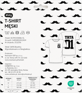 Białe opakowanie męskiej koszulki Eloy z czarnym wzorem wąsów i ilustracją białego T-shirtu 'TATA 01'.