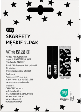 Tył opakowania skarpet męskich eloy 2-pak, białego z czarnymi gwiazdkami i zdjęciem skarpet z napisem SUPER.
